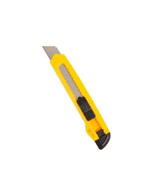 Yellow snap-blade utility knife with a black sliding thumb-catch and exposed blade